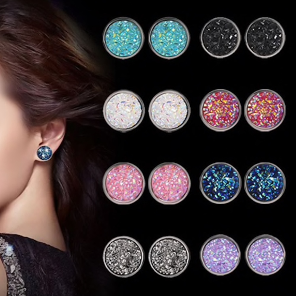 Druzy Opal White Crystal Round Silver Studs - Picture 3 of 6